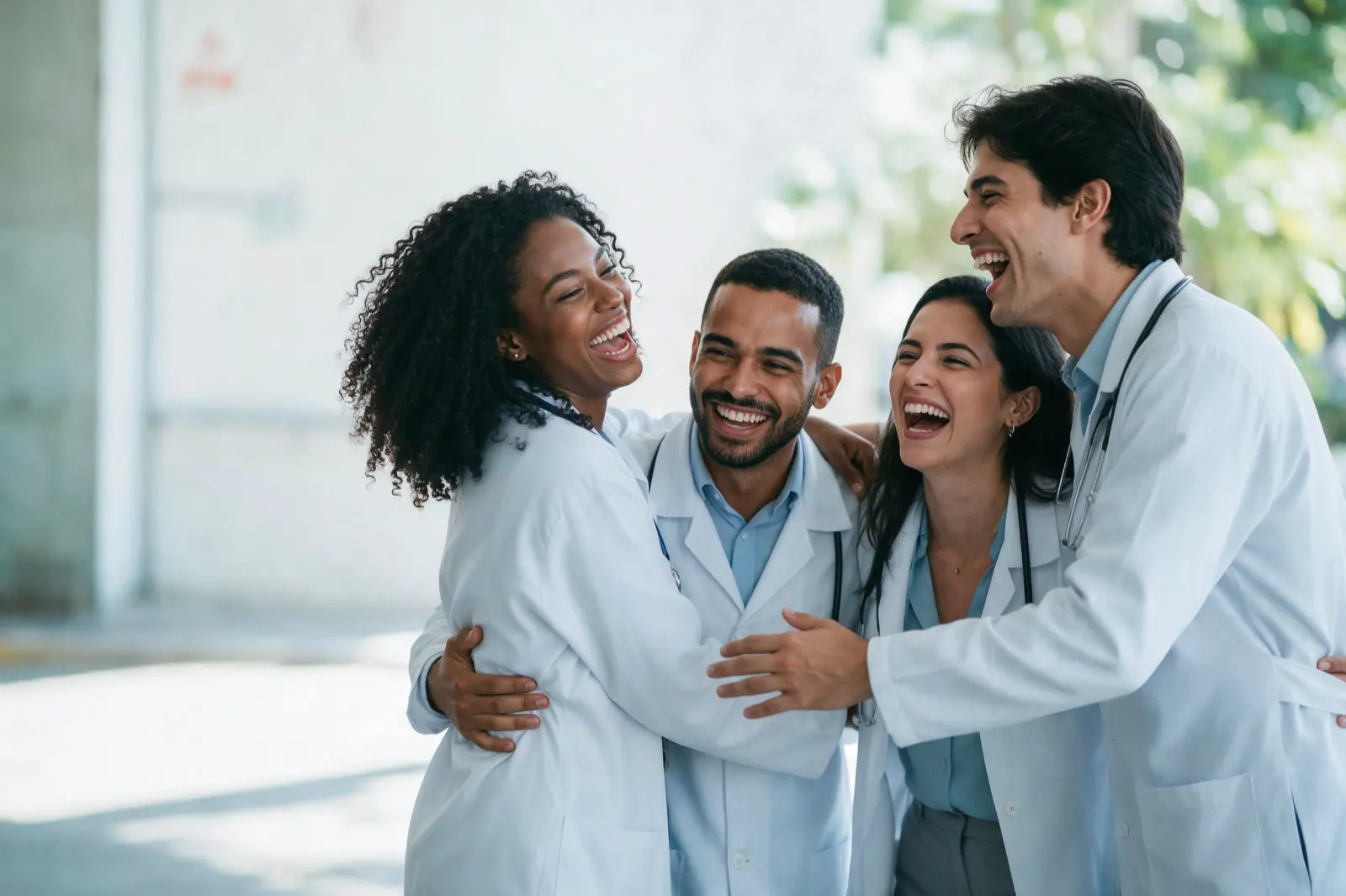 Quatro jovens médicos comemorando a aprovação na Residência Médica