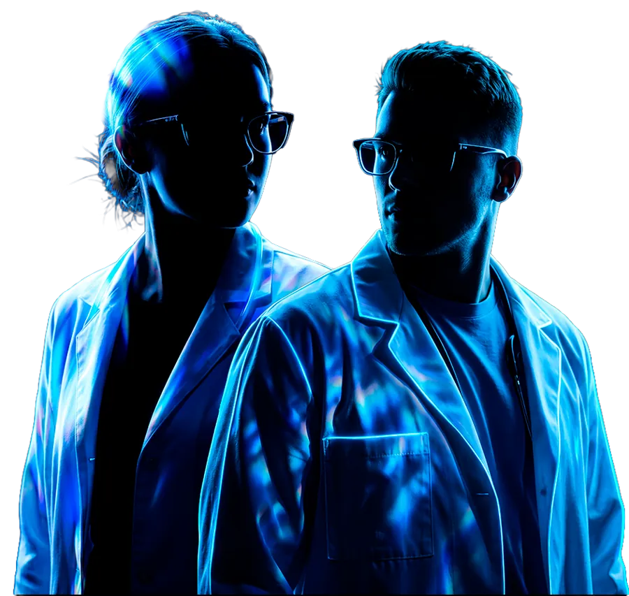 Dois médicos de jaleco branco iluminados por luz azul neon sobre fundo preto