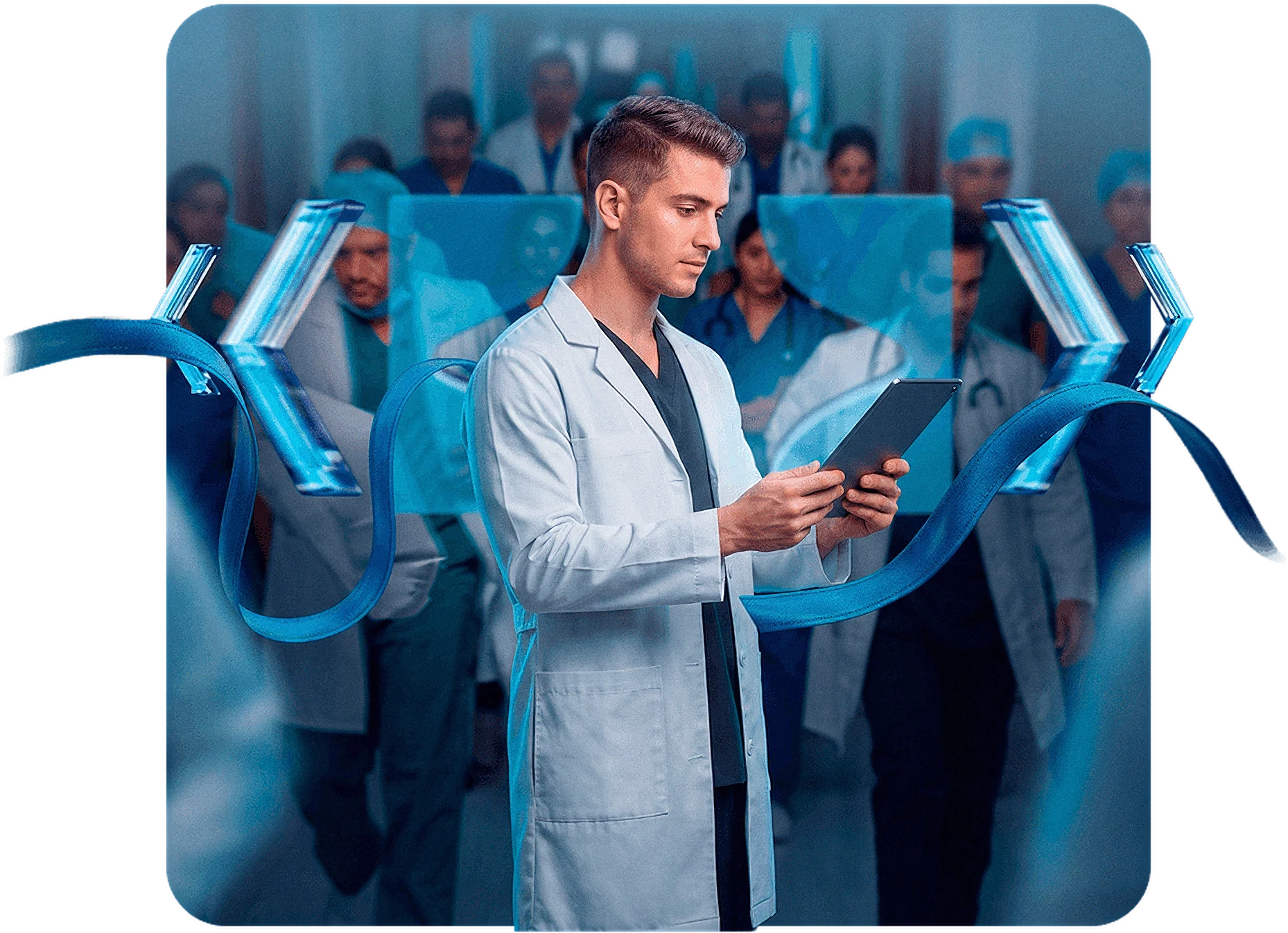 Médico de jaleco branco com tablet, entre os chevrons e a fita da campanha ENAMED