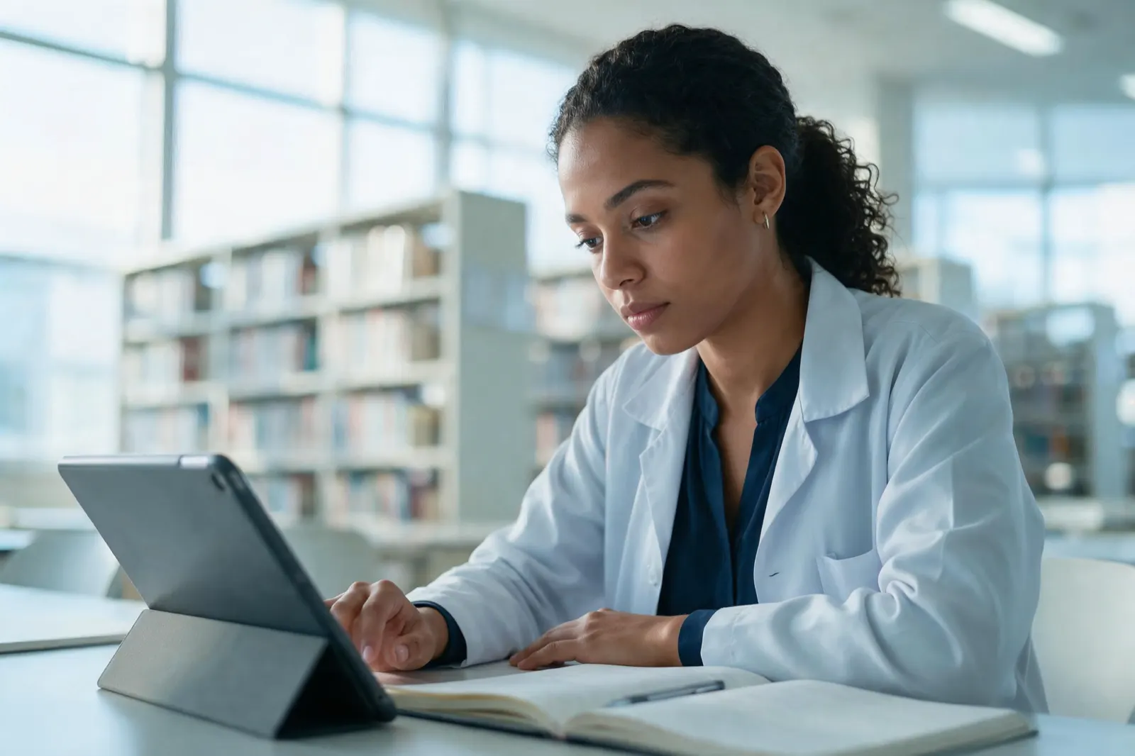 Residente estudando com a plataforma Aristo na biblioteca de um hospital universitário